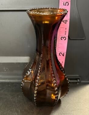 Pair Vintage Amber Glass Bud Vase Hobnail Ribbed Bottle
